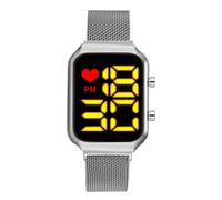 Fashion Women's LED Rectangular Personality Digital Display Yellow Heart with Magnetic Buckle Mesh Strap Wrist Watch, silver, bracelet