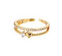 Fashion Zircon Heart Rings For Women Stainless Steel Gold Color Open Adjustable Double Stackable Ring Wedding Bride Jewelry