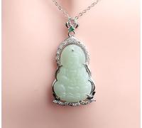 Fashionable 925 Silver AAA Zircon Studded with Diamond Guanyin Jade Pendant Natural Agate Jade Quan Yin Goddess Pendant Guan Yin Beaded Chain Jade Stone Kuan Yin Chinese Feng Shui Amulet for Wealth