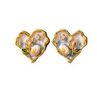 Fashionable Flower Heart Earrings Vintage - Style Heart - Shaped Stud Earrings Middle Ancient Style Oil Painting Accessory Suitable for Weddings, Anniversaries, Festivals and Daily Work