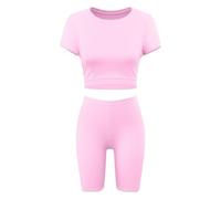 Fashionable Girls Two Piece Outfit Crop Top & Shorts Set with Bright Neon Colors & Fun Prints Perfect for Kids & Teens Who Love Dance Gymnastics & Biking (UK, Age, 7 Years, 8 Years, Baby Pink)