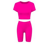 Fashionable Girls Two Piece Outfit Crop Top & Shorts Set with Bright Neon Colors & Fun Prints Perfect for Kids & Teens Who Love Dance Gymnastics & Biking (UK, Age, 5 Years, 6 Years, Neon Pink)