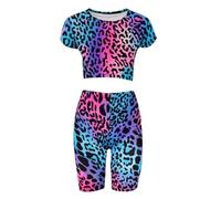 Fashionable Girls Two Piece Outfit Crop Top & Shorts Set with Bright Neon Colors & Fun Prints Perfect for Kids & Teens Who Love Dance Gymnastics & Biking (UK, Age, 5 Years, 6 Years, Multi Leopard)