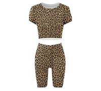 Fashionable Girls Two Piece Outfit Crop Top & Shorts Set with Bright Neon Colors & Fun Prints Perfect for Kids & Teens Who Love Dance Gymnastics & Biking (UK, Age, 7 Years, 8 Years, Brown Leopard)