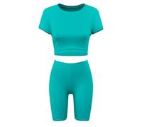 Fashionable Girls Two Piece Outfit Crop Top & Shorts Set with Bright Neon Colors & Fun Prints Perfect for Kids & Teens Who Love Dance Gymnastics & Biking (UK, Age, 7 Years, 8 Years, Turquoise)