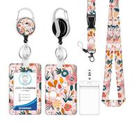 Fashionable ID Badge Holder Lanyard Set - Retractable Badge Reel with Carabiner Clip & Detachable Strap, Vertical Card Protector for Teacher, Doctor, Nurse & Student (Pink Flowers)