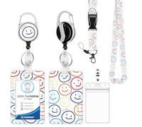 Fashionable ID Badge Holder Lanyard Set - Retractable Badge Reel with Carabiner Clip & Detachable Strap, Vertical Card Protector for Teacher, Doctor, Nurse & Student (Smiley)