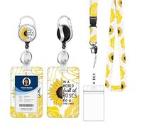 Fashionable ID Badge Holder Lanyard Set - Retractable Badge Reel with Carabiner Clip & Detachable Strap, Vertical Card Protector for Teacher, Doctor, Nurse & Student(Yellow Flowers)