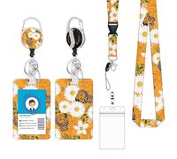 Fashionable ID Badge Holder Lanyard Set - Retractable Badge Reel with Carabiner Clip & Detachable Strap, Vertical Card Protector for Teacher, Doctor, Nurse & Student(Orange Flowers)