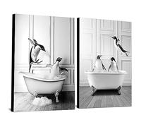 Fashionable Lady Picture Set, Black White Cute Animal Picture, Funny Scottish Highland Cow Wall Art in Bathtub, for Living Room, Bathroom, Bedroom, Decor, Frameless (2pcs-DW1, 2pcs-30x40cm)