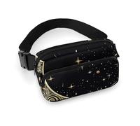 Fashionable Large-Capacity Twill Crescent Moon Pattern on Black Background Printed Waist Bag, A Must-Have Item for Hands-Free Travel