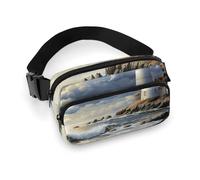 Fashionable Large-Capacity Twill Sea Lighthouse Sandbeach Printed Waist Bag, A Must-Have Item for Hands-Free Travel