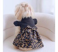Fashionable Leopard Print Dog Dress with Black Lace Ruffled Sleeves and Matching Bow, Soft Stretch Fabric for Small Pets