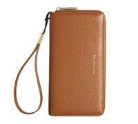 Fashionable long RFID leather women's wallet, large capacity multi slot phone case, zipper closure, detachable wrist strap, hand-held wallet, Brown, Elegant Style
