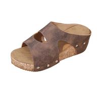 Fashionable platform slippers with openwork design for summer comfort, timeless sandals with heel, smooth upper, ideal for everyday use, travel, brown, 4 UK