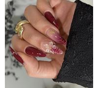 Fashionable Press Stick Nails Set Embossed Flower Patterns Wine Red Shade Comfortable Almond Shape ABS Artificial Nails Set Almond Shape Press Stick for Formal Event