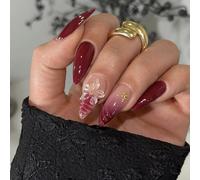 Fashionable Press Stick Nails Set Embossed Flower Patterns Wine Red Shade Comfortable Almond Shape ABS Artificial Nails Set French False