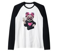 Fashionable Pug with Pink Round Glasses Bows Peace Sign Paw Raglan Baseball Tee