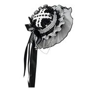 Fashionable Punk Anime Hat Hairpin Designed with Checkerboard Print and Elegant Chains Black White Checkered Headpiece