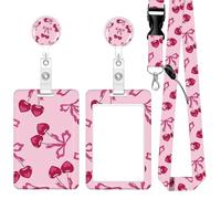 Fashionable Sliding Badge Holder Cute Bow Cherry Pattern Plastic Card Holder with Retractable ID Badge Holders Set Detachable Lanyard Vertical Card Protector for Office Worker Teacher Student Nurse