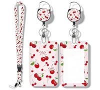 Fashionable Sliding Badge Holder with Cute Pattern, Pink Bow Cherry Lanyard with Card Holder Retractable ID Badge Holders Set Detachable Teacher Lanyard for Office Nurse Student Use