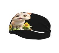Fashionable sports decorative sweatband QQOUPP Little cat in the sunflower garden Printed moisture wicking elastic suitable for cycling yoga running