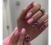 Fashionable Square False Nails with Glossy French Tip & Leopard Print in Soft Pink - 24pcs Press On Nails for Women Daily Wear, Party Events, Quick Application & Easy Removal