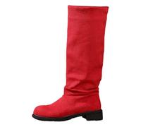 Fashionable suede boots with medium calf for winter, comfortable slip-on casual booties with heel, warm fleece, red, 6 UK