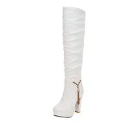 Fashionable Women's Boots with Round Cap, Breathable, High Heel, Thigh Length for Women, Boots for Women, Classic Comfort Ankle Boots, Elegant Block Heel Wellington Boots, White, 7 UK