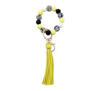 Fashionable Wood Beads Keychain Beaded Key Rings Bangle Chains Wristlet with PU Tassels for Fashion Ladies