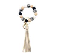 Fashionable Wood Beads Keychain Beaded Key Rings Bangle Chains Wristlet with PU Tassels for Fashion Ladies