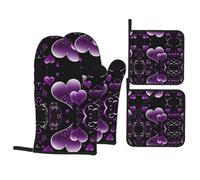 Fashional Purple Hearts Oven Mitts And Pot Holders Sets – Heat Resistant Kitchen Gloves With Waterproof Design, Includes 2 Gloves & 2 Potholders For Baking, Cooking, Bbq