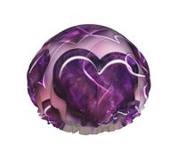 Fashional Purple Hearts Print Shower Cap for Women Men, Reusable Double-Layer Fabric Bathing Cap Girls Hair Caps, 29 CM