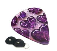 Fashional Purple Hearts Printed Guitar Picks, 6 Pack with Leather Keychain Pick Holder - 0.46mm, 0.71mm, 0.96mm Assorted Thickness for Acoustic Ukulele, Electric Guitar, Acoustic Guitar, Bass