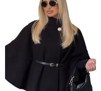 FASHIONGURU Women’s Belted Cape Poncho Coat - Oversized Shawl Wrap, Elegant Open Front Cloak Jacket, Wool Blend Winter Cardigan with Button Detail (Black)