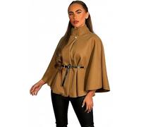 FASHIONGURU Women’s Belted Cape Poncho Coat - Oversized Shawl Wrap, Elegant Open Front Cloak Jacket, Wool Blend Winter Cardigan with Button Detail (Tan)