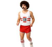 FASHIONISM Mens Womens 118 Fancy Dress Costume Adults 118 Print Vest Stripe Shorts Tash Wig Wristband and Referee Socks Set (6Pcs Set Large)