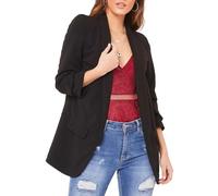 FASHIONISM Womens 3/4 Rouge Sleeve Plain Blazer Ladies Open Front Collared Coat with Pocket (Black UK 20-22)