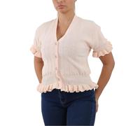 FASHIONISM Womens Frill Short Sleeve Knitted Button up Cardigan Ladies Ruched Frill Hem Cropped Sweater Top Baby Pink