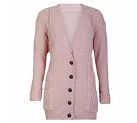 FASHIONISM Womens Long Sleeve Chunky Cable Knitted Grandad Cardigan Girls Button Up Pocket Cardigan(Baby Pink UK 8-10)