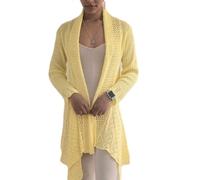 FASHIONISM Womens Long Sleeve Eyelet Hollow Out Knitted Waterfall Cardigan Ladies Open Front Irregular Hem Draped Knit Long Cardigan Lemon