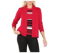 FASHIONISM Womens Long Sleeve Stripe Twinset Fine Knitted Inner Jumper Ladies Open Front Casual Pull Over Cardigan Knitwear 2 in1 Set Red