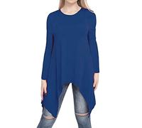 FASHIONISM Womens Round Neck Hanky Hem Plain Baggy Top Ladies Long Sleeve Hi Lo Oversized Uneven Swing Top Shirt Blouse Size UK8-26 Navy