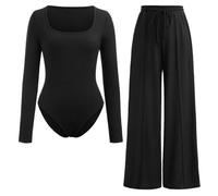 FASHIONISM Womens Scoop Neck Long Sleeve Ribbed Bodysuit & Elastic Wide Leg Trouser 2 Piece Set Ladies Basic High Stretch Leotard