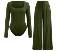 FASHIONISM Womens Scoop Neck Long Sleeve Ribbed Bodysuit & Elastic Wide Leg Trouser 2 Piece Set Ladies Basic High Stretch Leotard