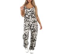 FASHIONISM Womens Sleeveless Italian Leopard Print Cotton Dungarees Ladies Square Neck Romper Adjustable Tie Strap Playsuit Racer Back Front Pocket Jumpsuit