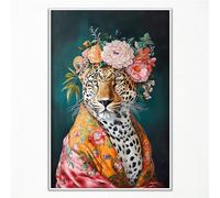 Fashionista Cheetah Wall Art - Colorful Floral Crown Leopard Canvas Poster, Tiger Portrait & Jungle Animal Flowers Picture Print 12x16in Unframed
