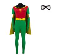 Fashionjoy Robin Costume for Men Deluxe Jumpsuit Cloak with Gloves Belt Eye Mask Halloween Cosplay Bodysuit Full Set, Green, XXXL