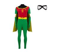 Fashionjoy Robin Costume for Men Deluxe Jumpsuit Cloak with Gloves Belt Eye Mask Halloween Cosplay Bodysuit Full Set, Green, Medium