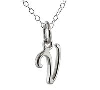FashionJunkie4Life Sterling Silver Tiny Initial Letter V Charm Necklace, 18 Inch Chain, Cursive Handwriting